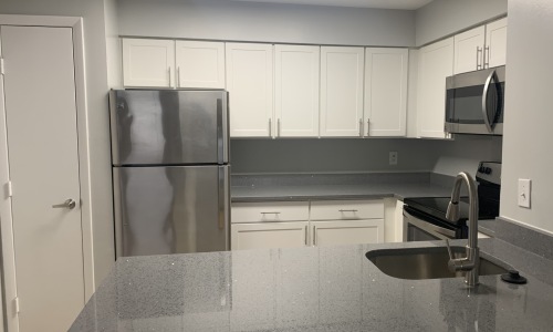 Modern kitchen with granite countertops and stainless-steel appliances Modern kitchen with granite countertops and stainless-steel appliances