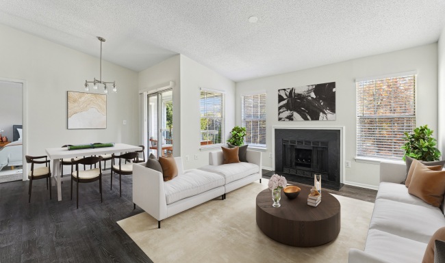 Expansive floorplans with large windows and fireplace