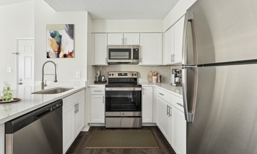 Kitchen with tile backsplash, stainless steel appliances, and vinyl plank flooring Kitchen with tile backsplash, stainless steel appliances, and vinyl plank flooring